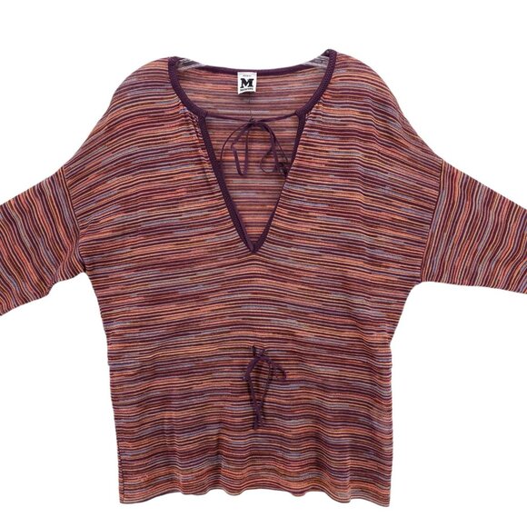 M MISSONI Knit Top Striped Pullover Drawstring Cotton Blend Made in ITALY Size 2 - Picture 2 of 7